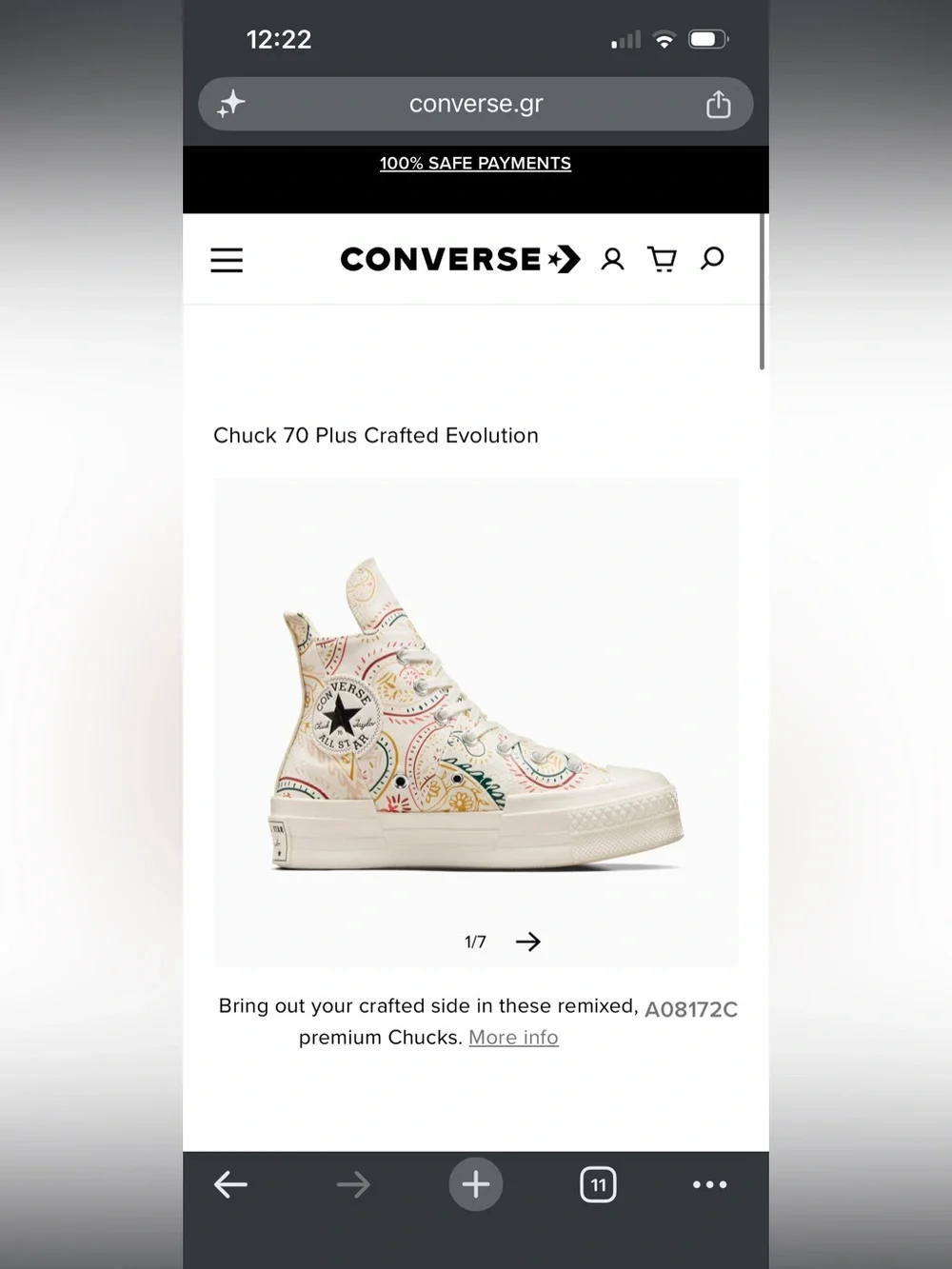Size 8 Converse Chuck 70 plus crafted evolution